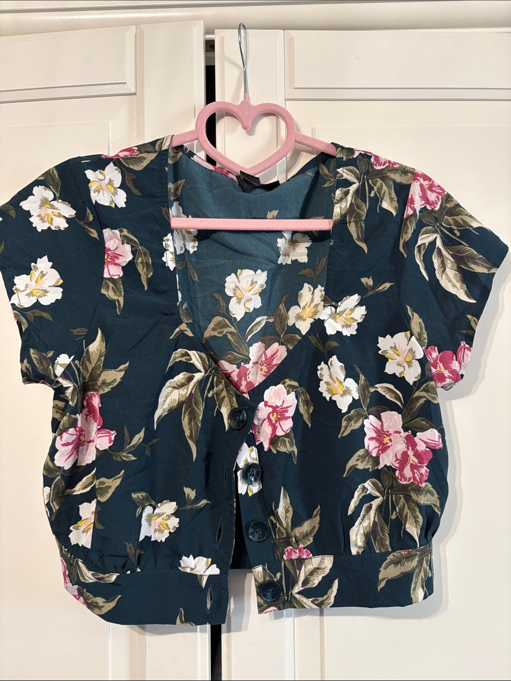 Volcom Navy Floral Button-Front Crop Blouse